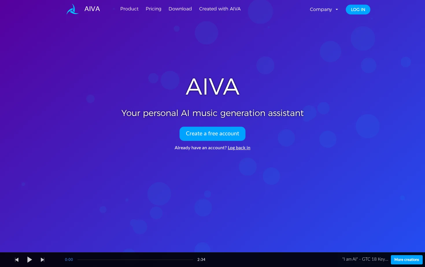 AIVA, the AI Music Generation Assistant 页面快照